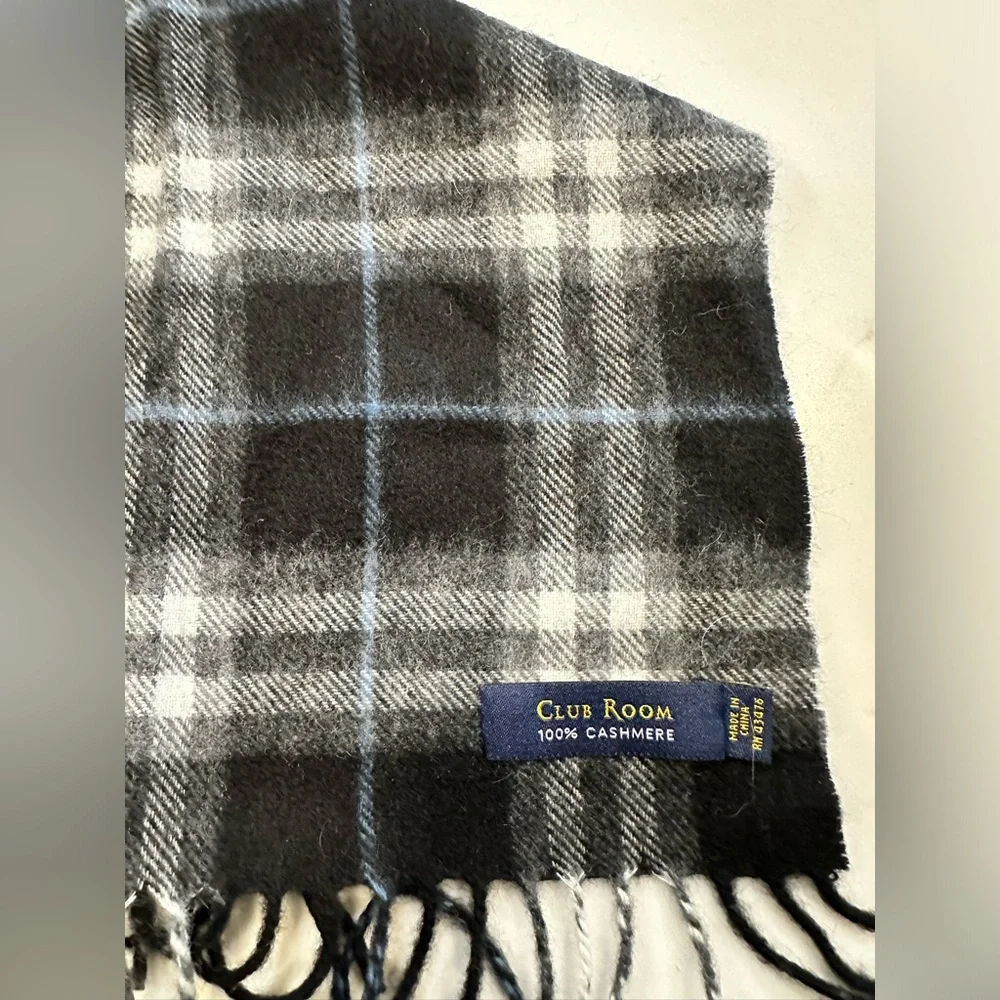 NEW Club Room 100% Cashmere Plaid Scarf-Black/White/Light Blue